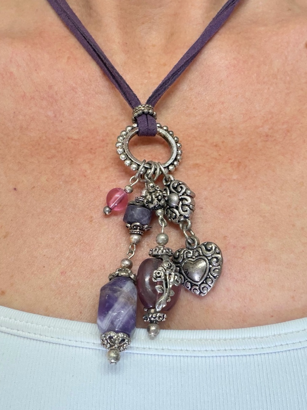 Purple Charm Pendant Necklace Adjustable Leather Cord Boho Artisan Statement